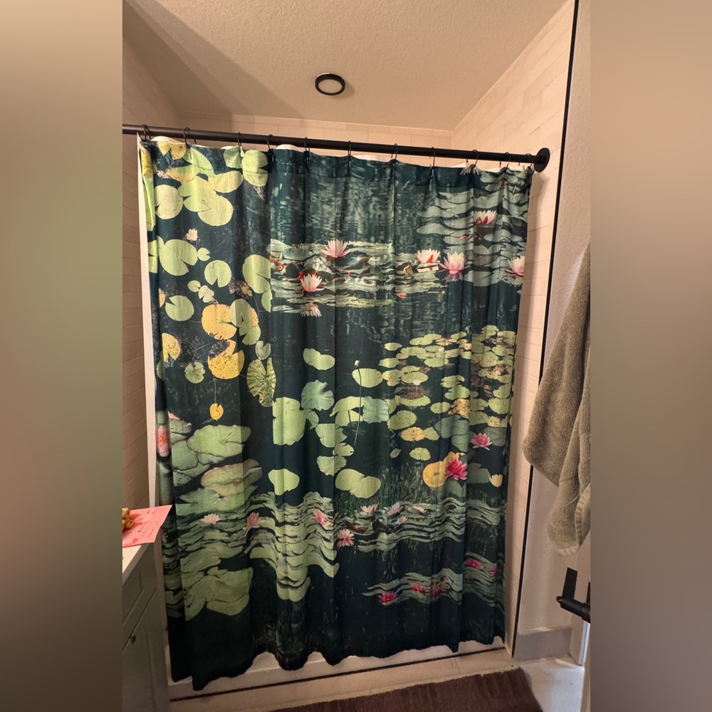 Urban Outfitters Green and Pink Water Lily Shower Curtain